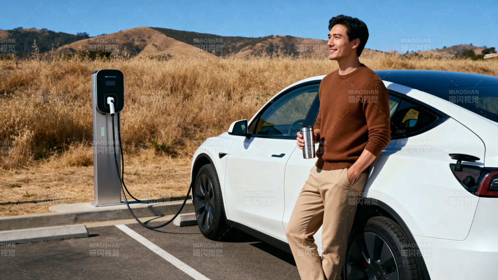 电动车充电 男子微笑倚车旁图片