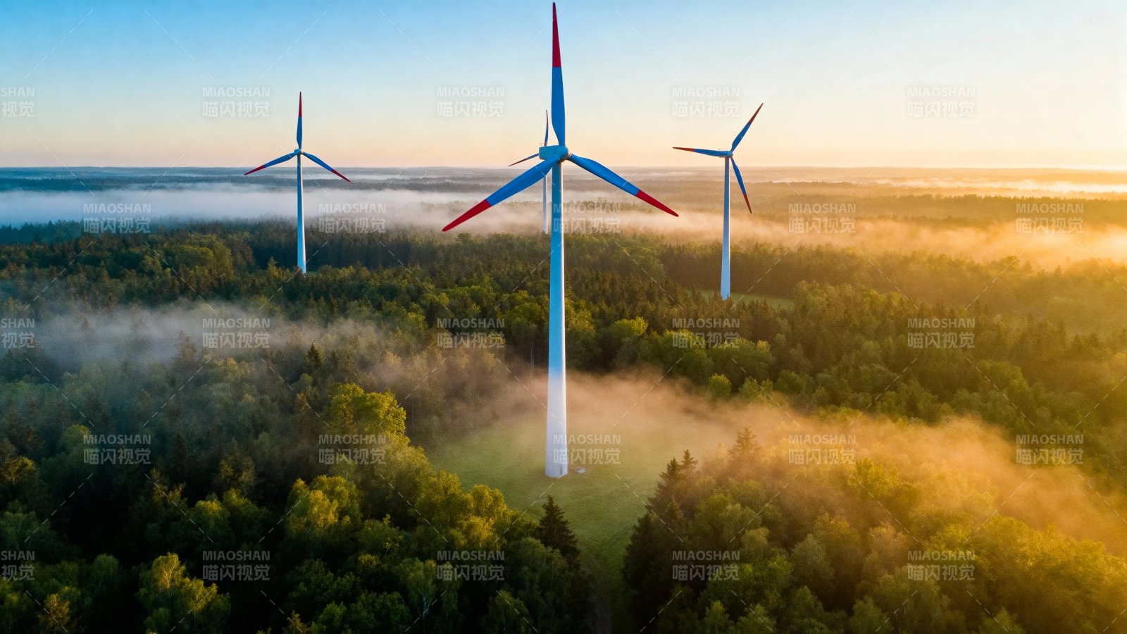 晨雾中的风车森林图片