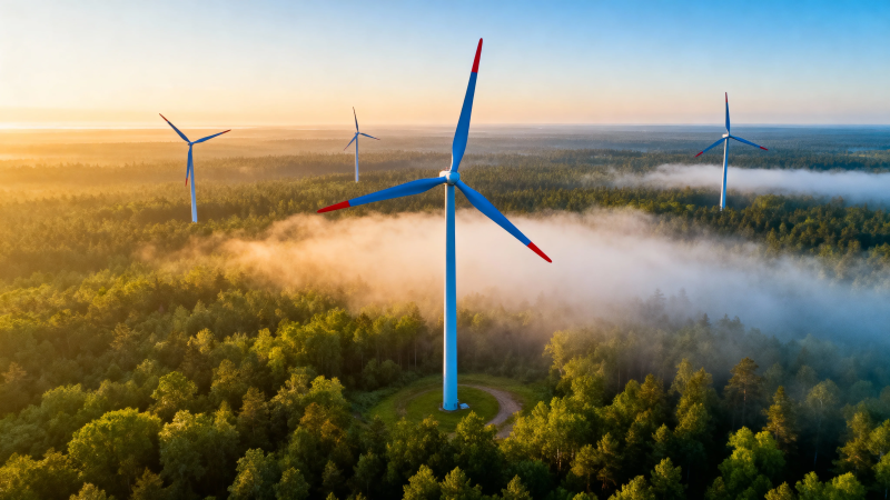 晨雾中的风力发电机群图片