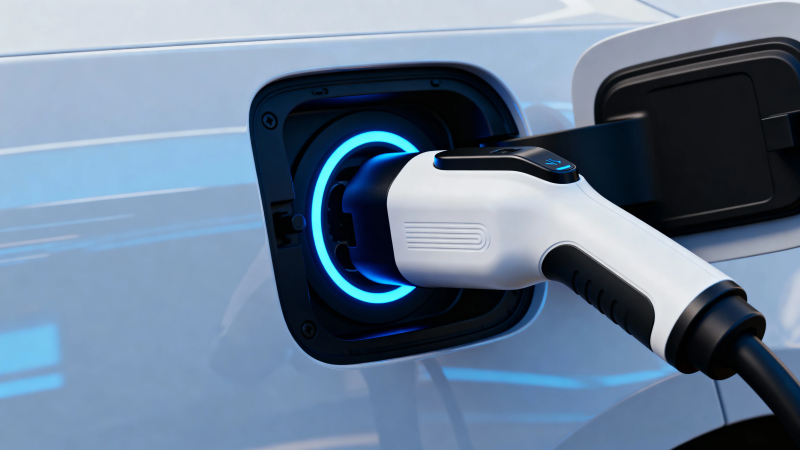 电动车充电中 蓝光环绕插头图片