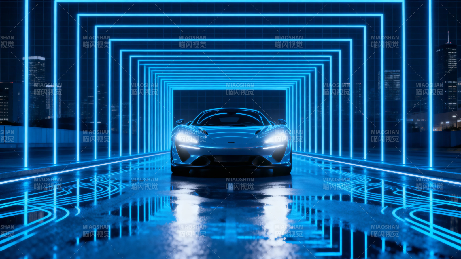 蓝光隧道中的未来跑车图片