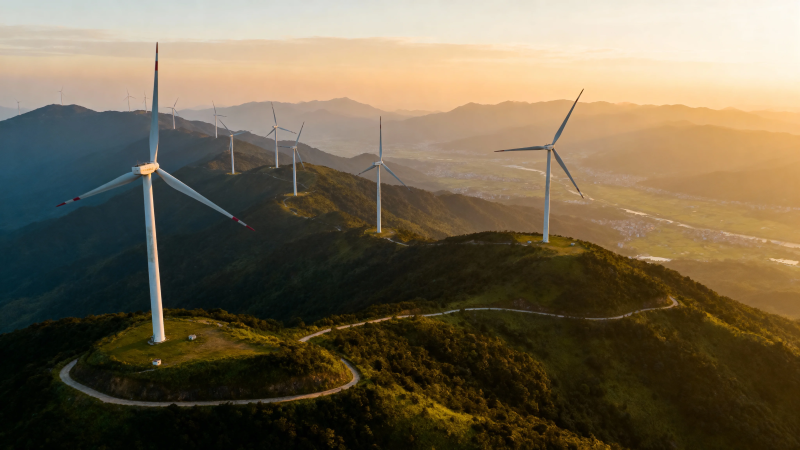 山巅风车迎朝阳图片