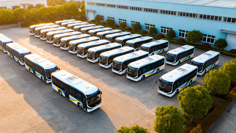 整齐排列的新能源公交车队图片