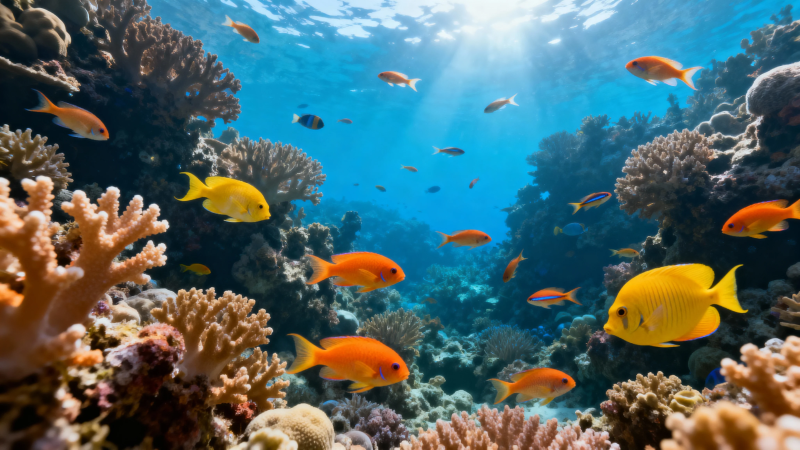 海底珊瑚鱼群游弋图片