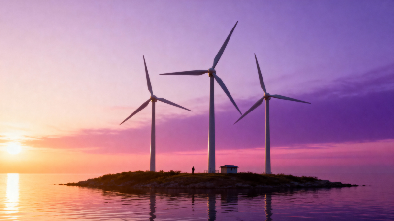 海上风车映晚霞图片