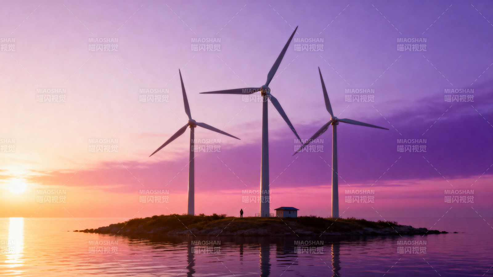 海上风车映晚霞图片