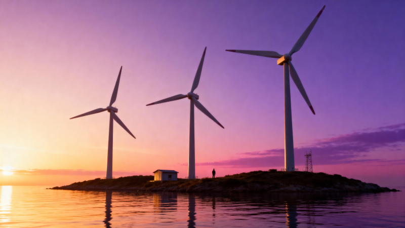 海上风车映晚霞图片