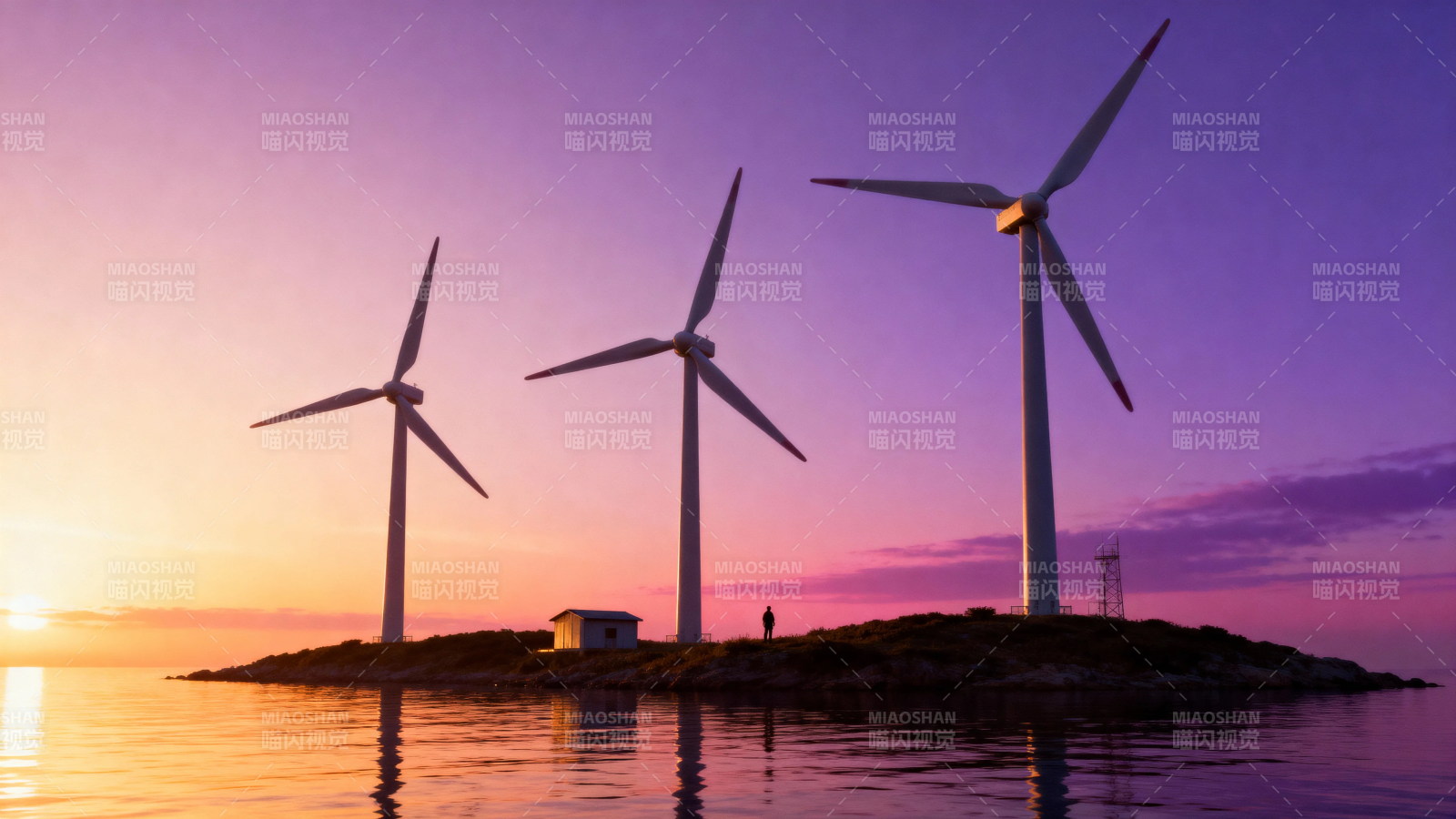 海上风车映晚霞图片