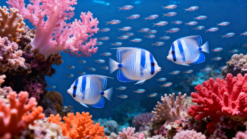 珊瑚礁间蓝白鱼群游弋图片