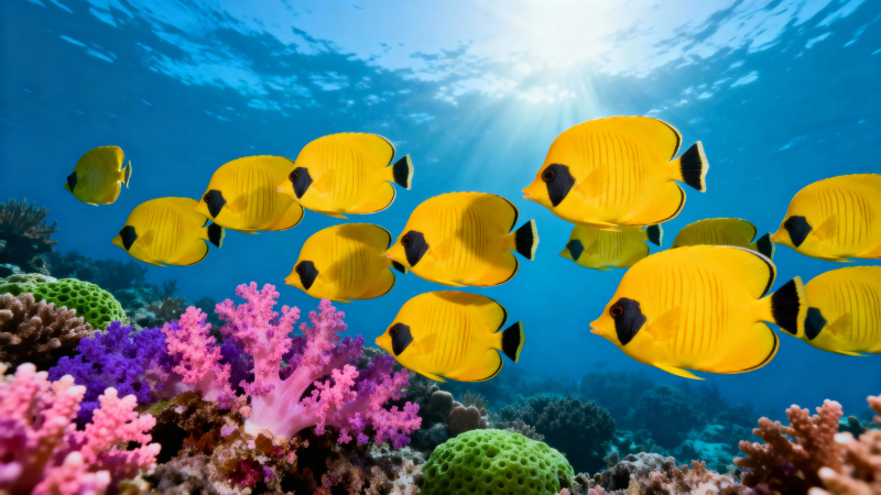 黄蝶鱼群游珊瑚海图片