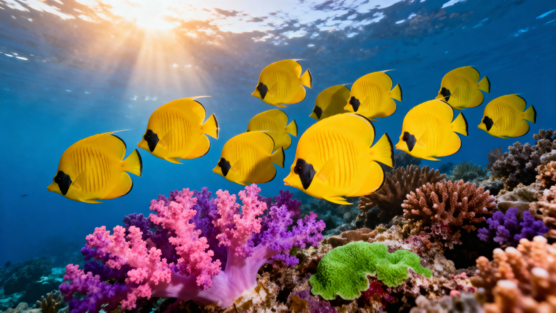 黄蝶鱼游彩珊瑚间图片