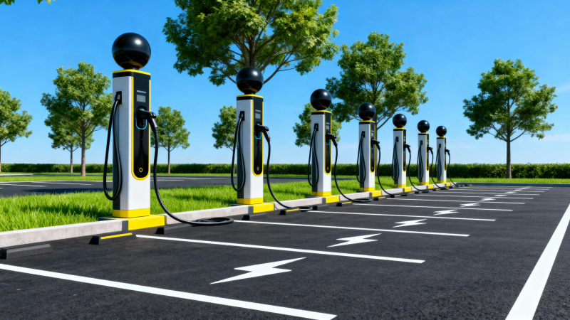 绿色充电桩排列整齐待用图片