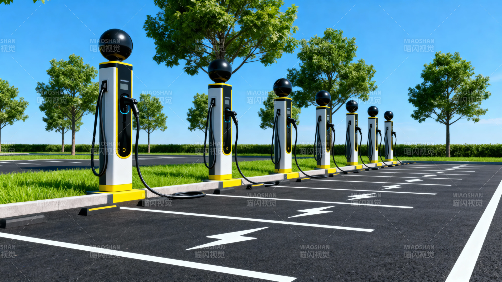 绿色充电桩排列整齐待用图片