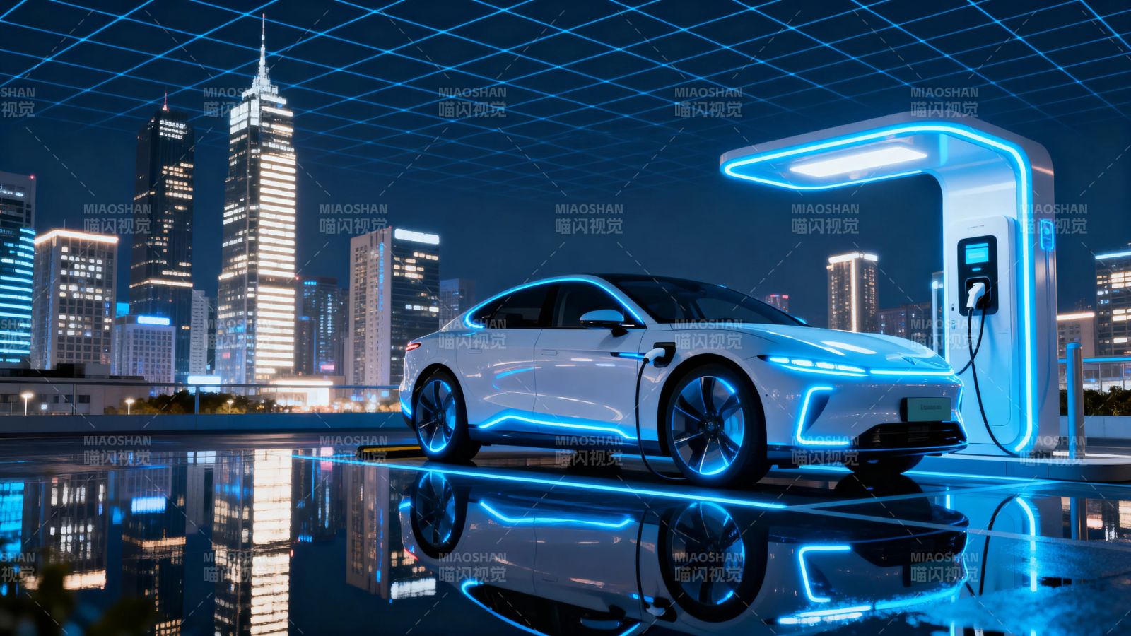 未来之城 智能电动车充电夜图片
