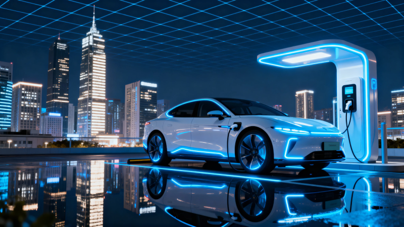 未来之城 智能电动车充电夜图片