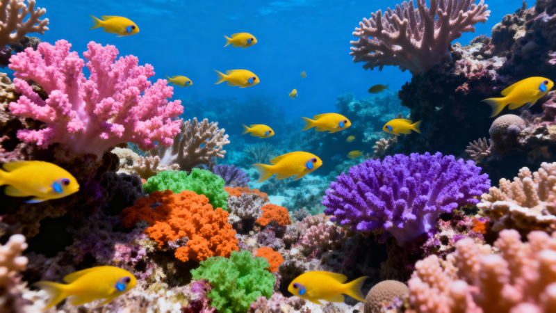 五彩珊瑚鱼群游弋海底世界图片