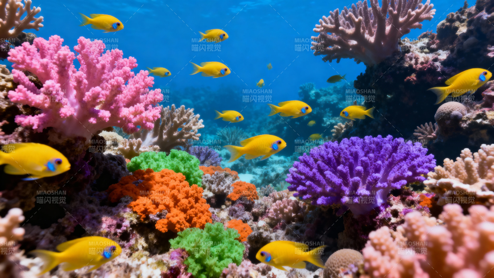 五彩珊瑚鱼群游弋海底世界图片