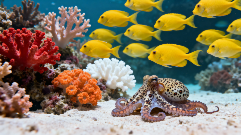 海底世界 章鱼与黄鱼共舞图片