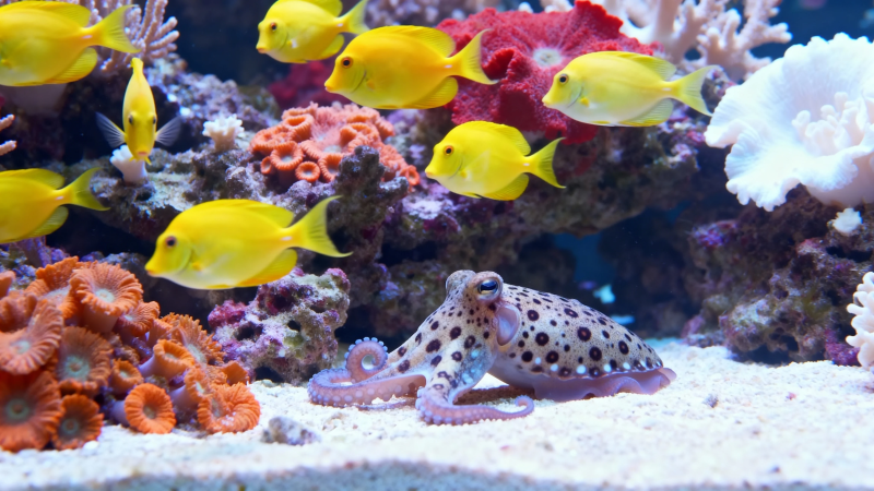 海底世界 章鱼与黄鱼共舞图片