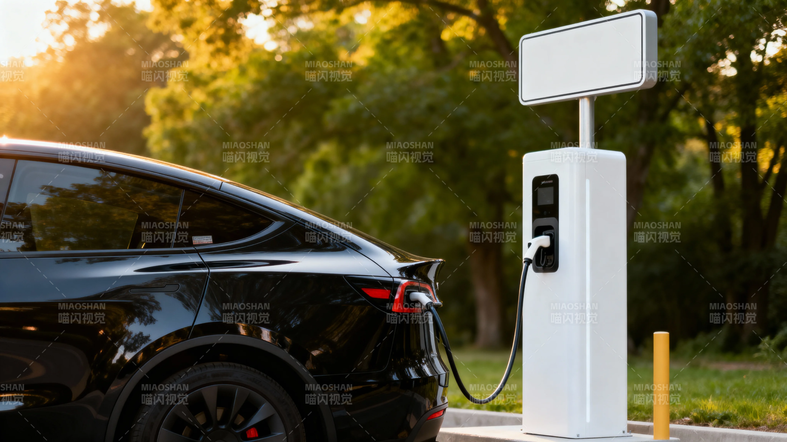 电动车充电中 夕阳映绿荫图片