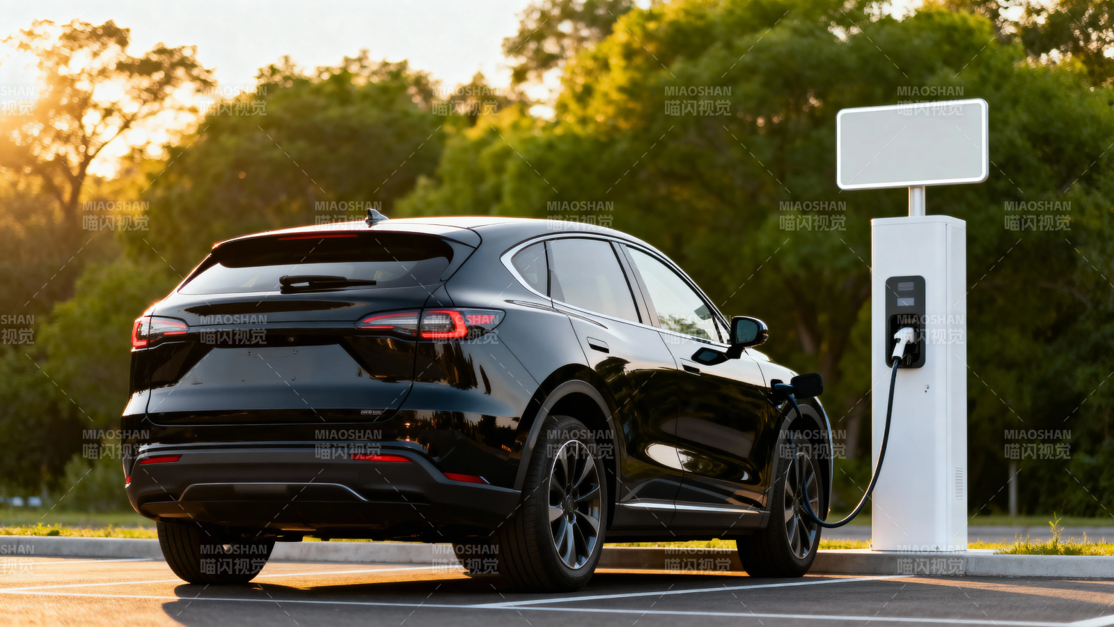 黑车充电 夕阳绿景相伴图片