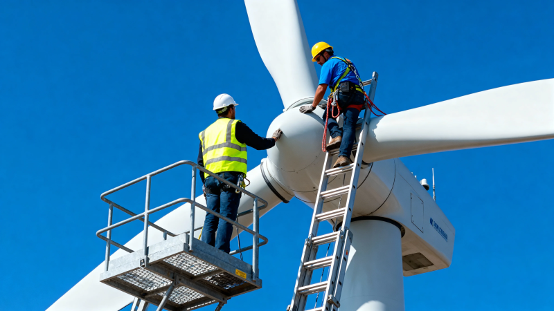 风电工人高空作业检修风机图片