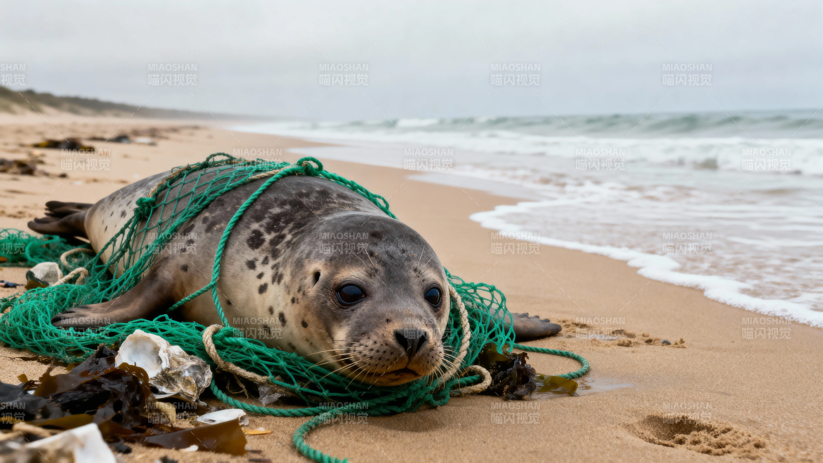 海豹被渔网困在沙滩上图片