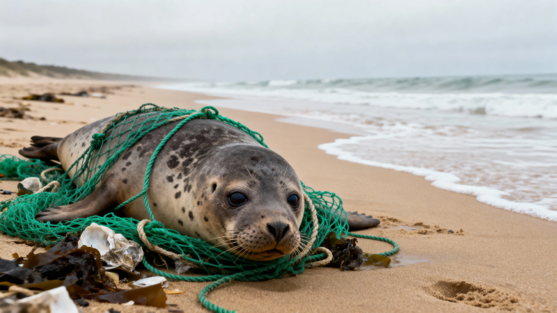 海豹被渔网困在沙滩上图片