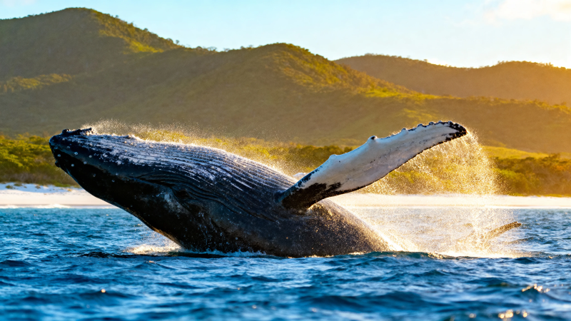 鲸跃山海 金光溅水花图片