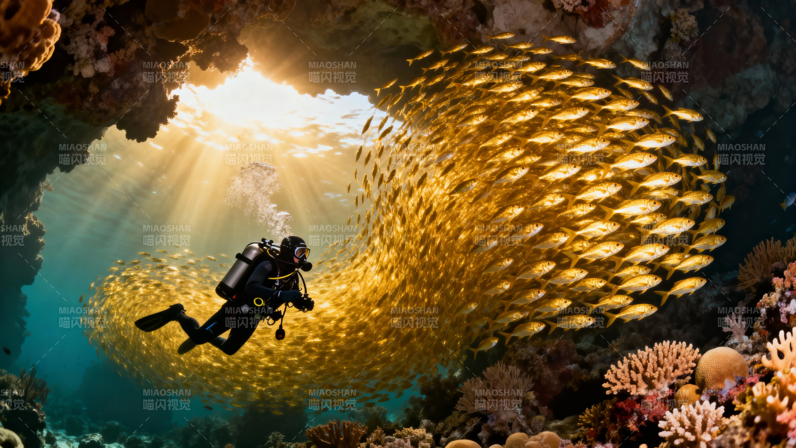 潜水者遇金色鱼群奇观图片