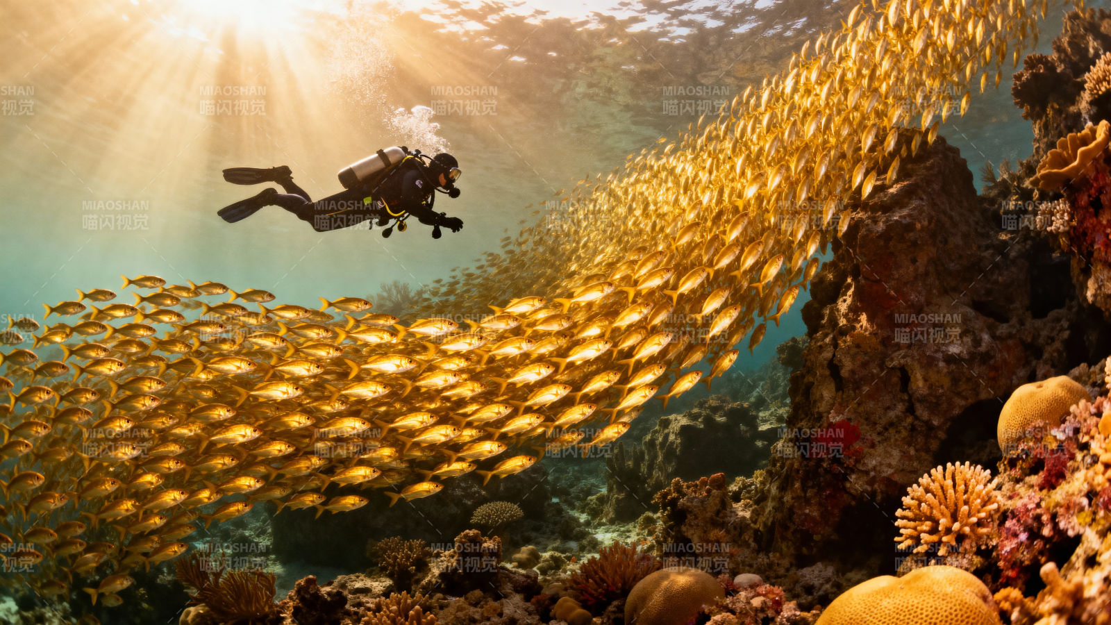 潜水者遇金色鱼群奇观图片
