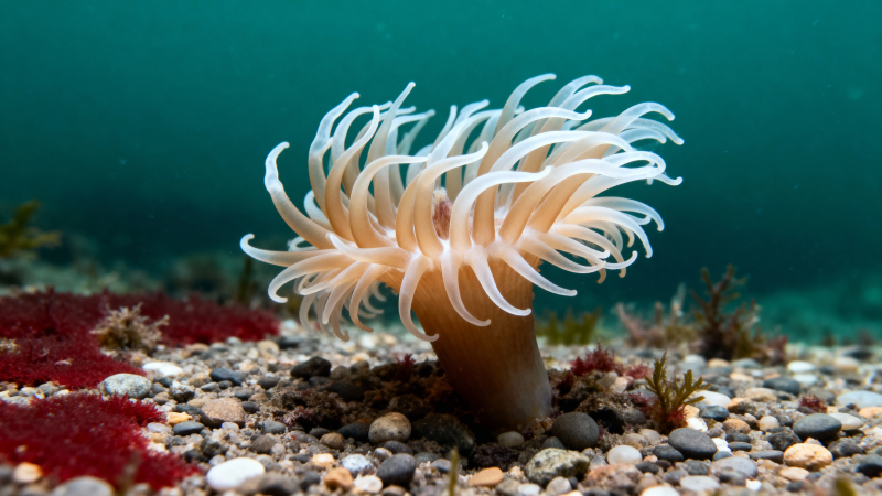 海底白触手海葵静立石间图片