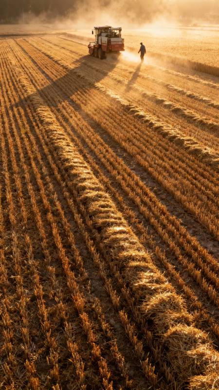 夕阳下收割机与农人劳作图片