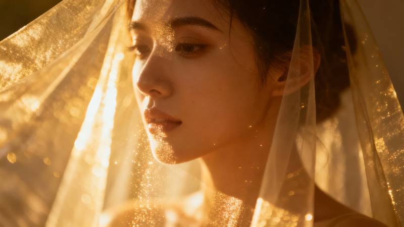 金纱轻覆 眸光如诗图片