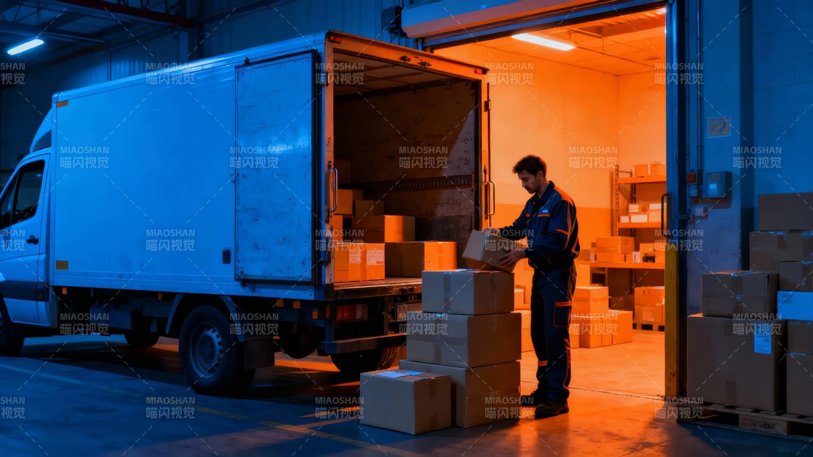 夜间装卸货 工人搬箱入仓图片