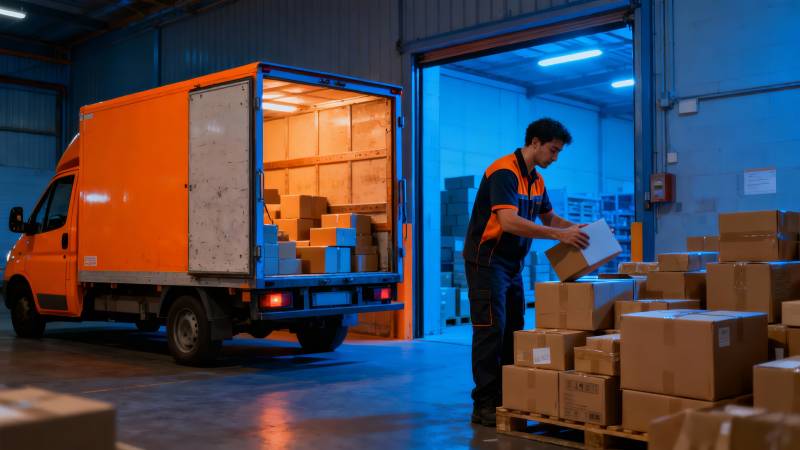 橙车卸货 工人搬箱入库图片