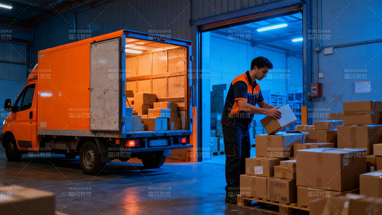 橙车卸货 工人搬箱入库图片