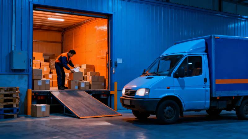 仓库装卸货 蓝色货车待命图片