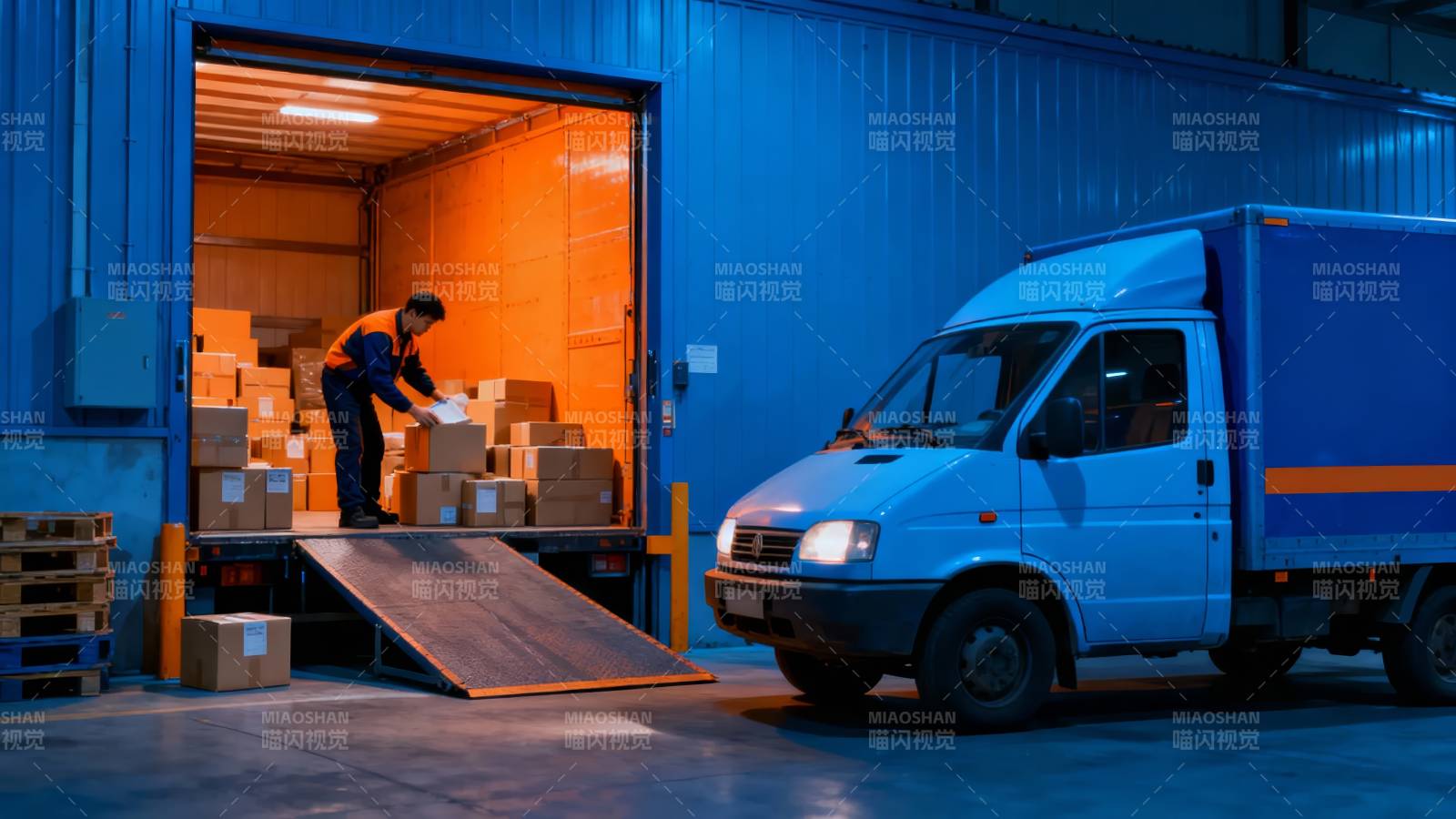 仓库装卸货 蓝色货车待命图片