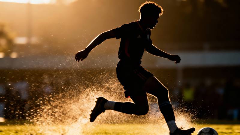 夕阳下奔跑的足球少年图片