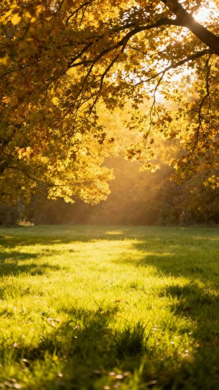 秋日暖阳 金叶映绿茵图片