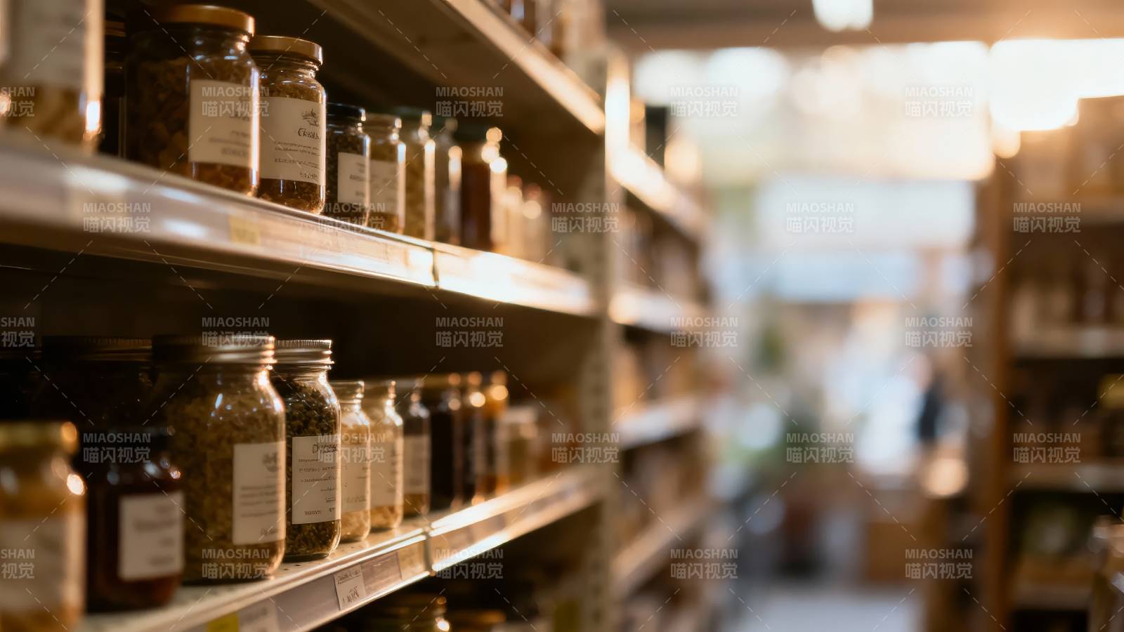 货架上的玻璃罐装香料图片