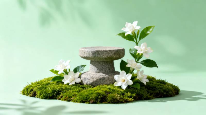 苔上石凳 白花静绽图片