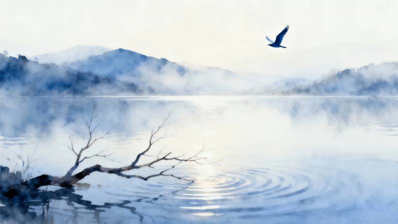 雾湖孤鸟 枯枝涟漪静图片