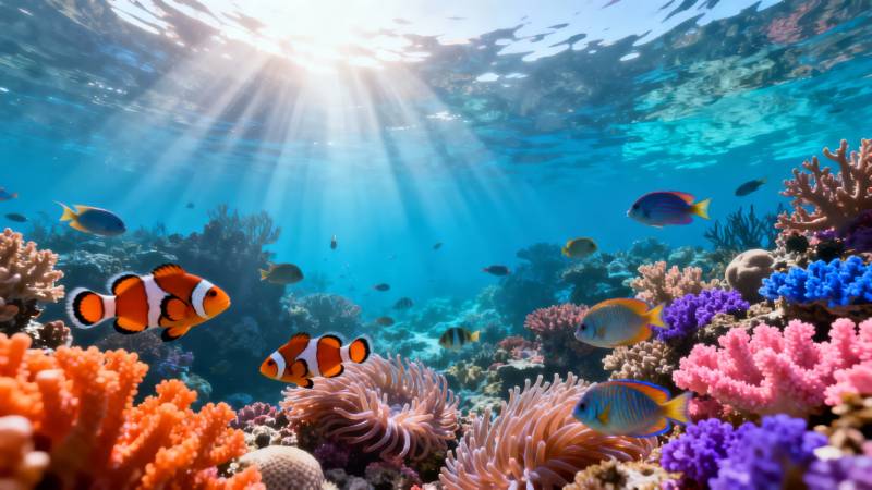 海底珊瑚鱼群阳光穿透图片