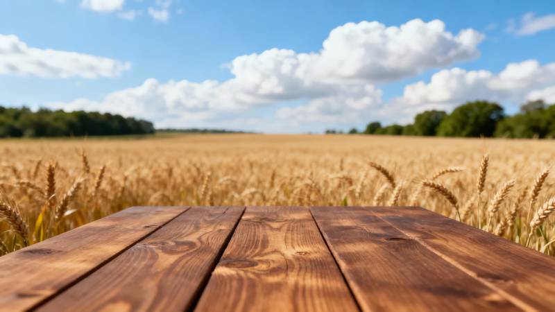 麦田木桌 蓝天白云下图片