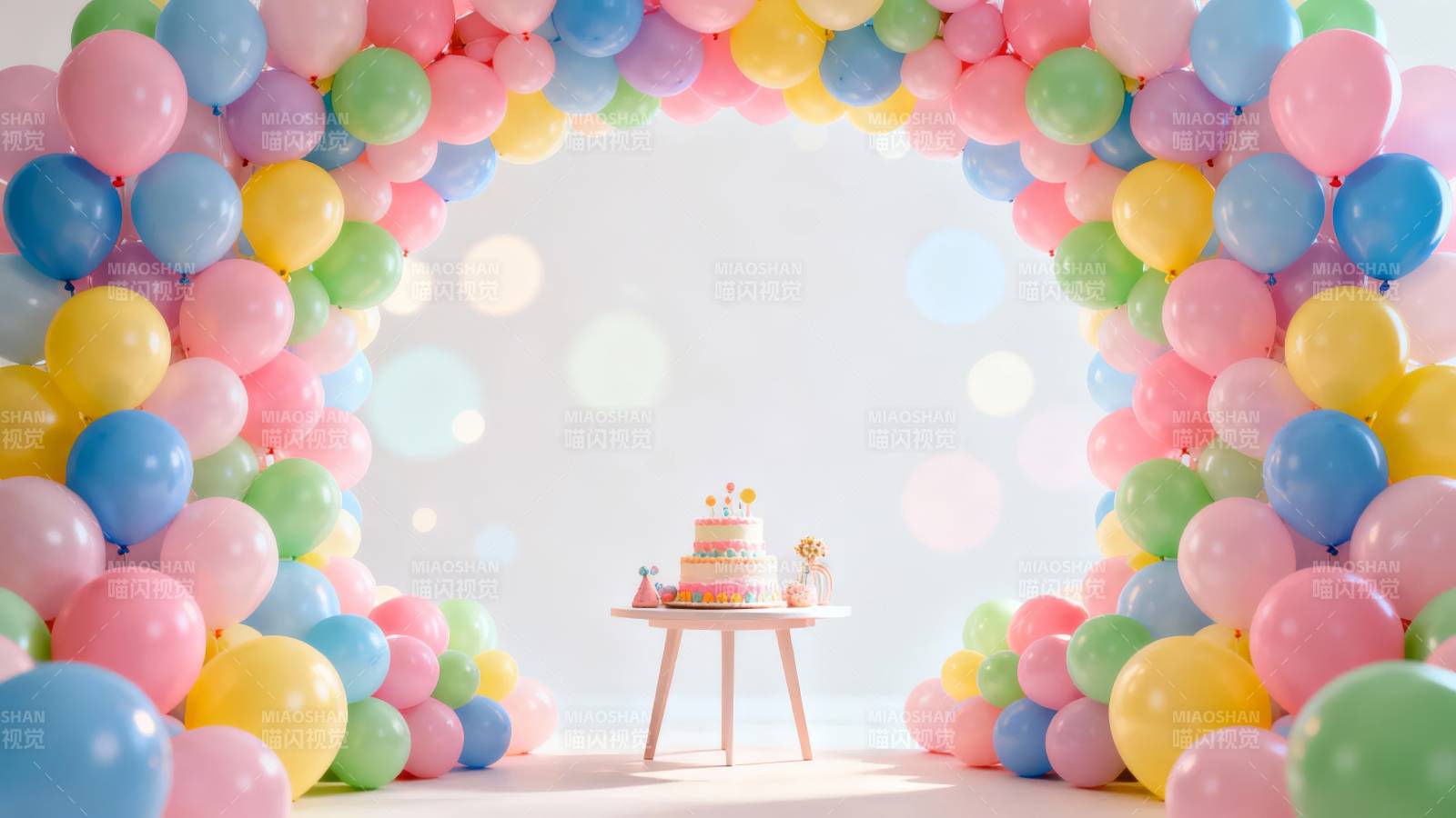 气球拱门下的生日蛋糕图片