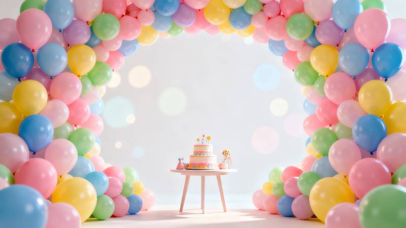 气球拱门下的生日蛋糕图片