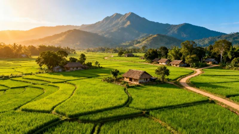 青山绿田 晨光映乡野图片