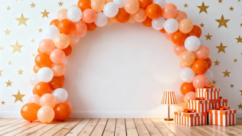 橙白气球拱门庆生礼图片
